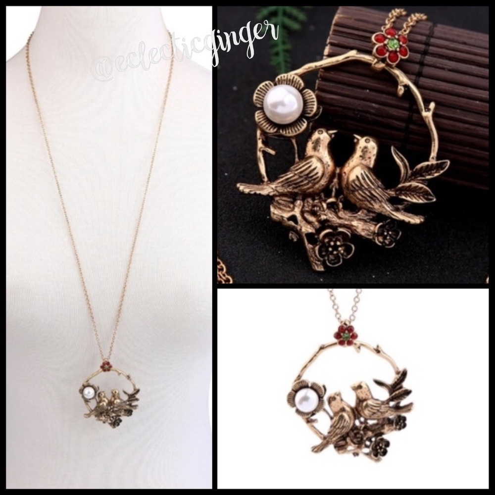 Bronze love birds with pearl 30” necklace